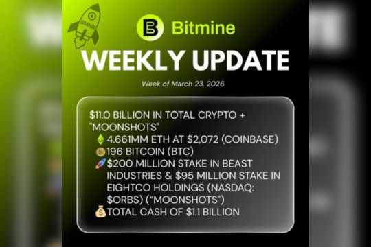 Bitmine Immersion Umumkan Kepemilikan ETH Capai 4,661 Juta Token dan Total Kepemilikan Kripto Maupun Uang Tunai Sebesar $11 Miliar
