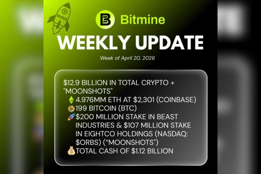 Bitmine Immersion Umumkan Kepemilikan ETH Capai 4,976 Juta Token dan Kepemilikan Kripto Maupun Uang Tunai Sebesar $12,9 Miliar