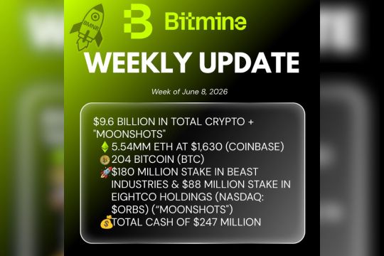 Bitmine Immersion Umumkan Kepemilikan ETH Mencapai 5,54 Juta Token, dan Total Crypto serta Kepemilikan Uang Tunai sebesar $9,6 Miliar