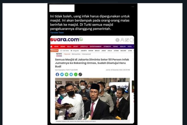 Misinformasi! Heru minta 50 persen infak masjid Jakarta disetor ke ormas