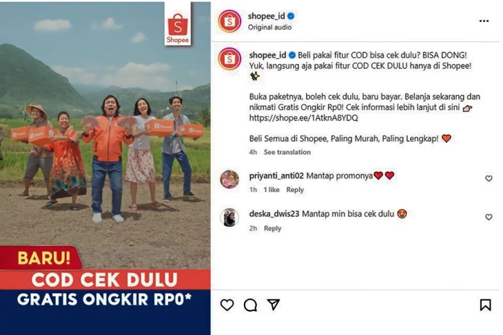 Tangkapan layar Instagram di mana Shopee hadirkan inovasi baru untuk pengguna lewat "COD Cek Dulu" (Instagram/ @shopee_id)