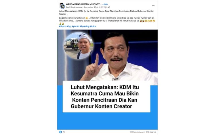 Hoaks! Luhut nyatakan Dedi Mulyadi ke Sumatera hanya untuk pencitraan