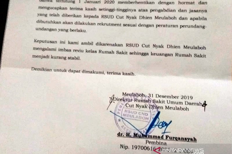 Ratusan tenaga medis honorer di RSUD Cut Nyak Dhien diberhentikan