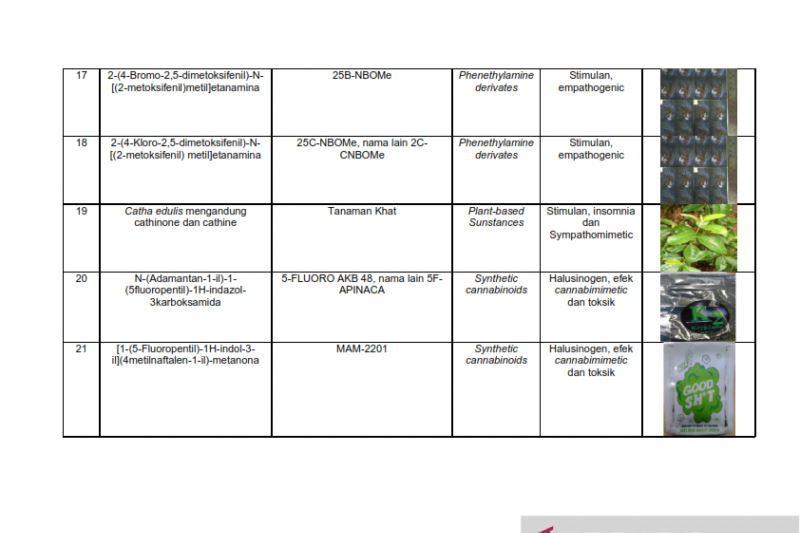 Daftar nama zat NPS yang sudah teridentifikasi di Indonesia Tahun 2019