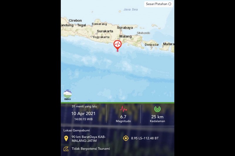 Gempa magnitudo 6,7 di barat daya Malang