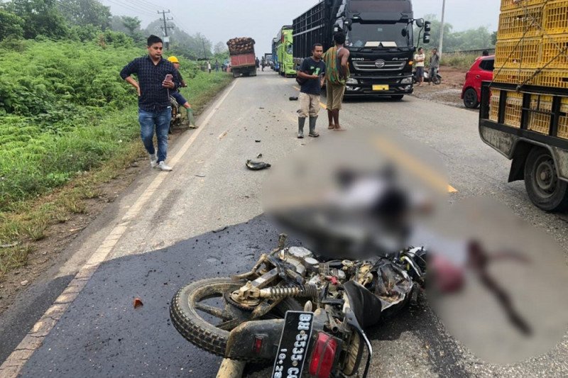 Suami istri tewas akibat motornya menabrak truk sawit di Jalinsum
