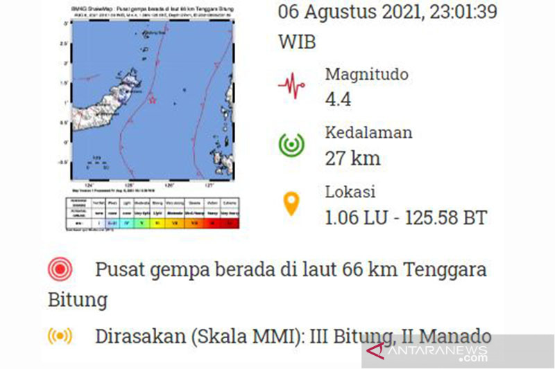 Gempa Magnitudo 4,4 terjadi di Bitung
