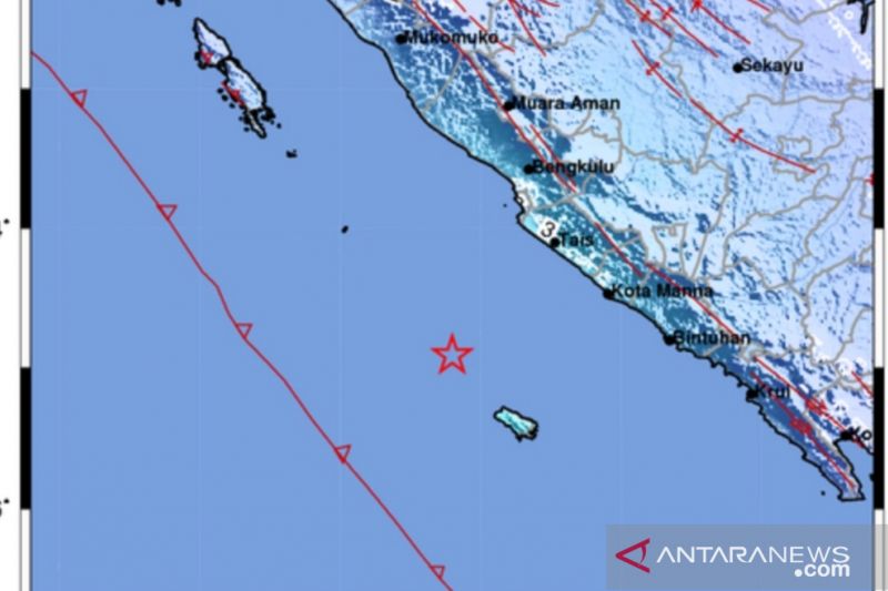 Gempa magnitudo 5.4 terjadi di barat laut Enggano, Bengkulu