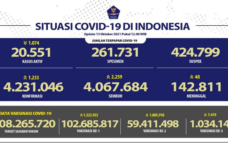 Kasus konfirmasi positif COVID-19 harian RI bertambah 1.233