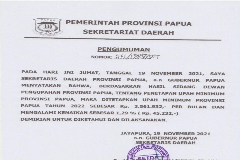 Pemprov Papua tetapkan UMP 2022 sebesar Rp3.561.932