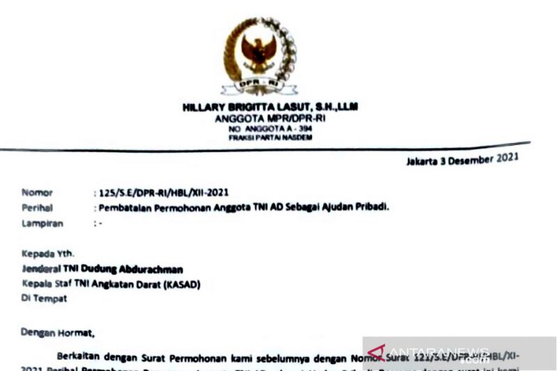 Hillary Brigitta tarik surat permohonan ajudan pribadi ke TNI AD