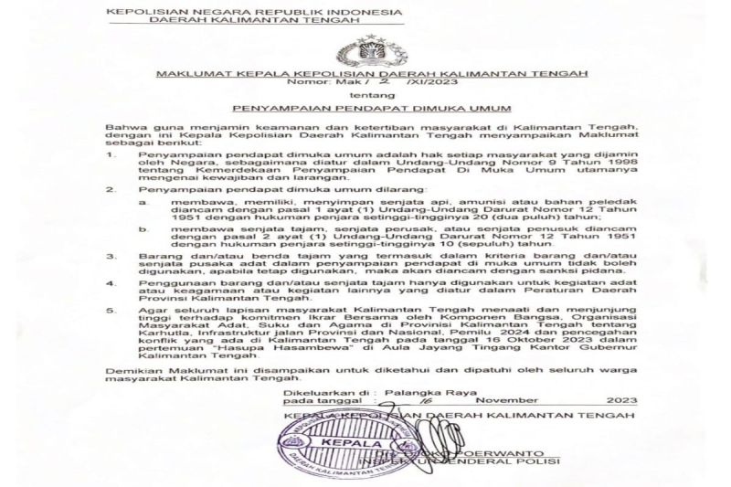 Kapolda Kalteng keluarkan maklumat untuk penyampaian pendapat di muka umum