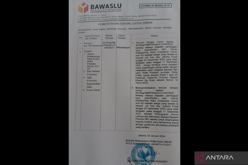 Bawaslu Jakpus putuskan Gibran langgar Pergub DKI soal CFD