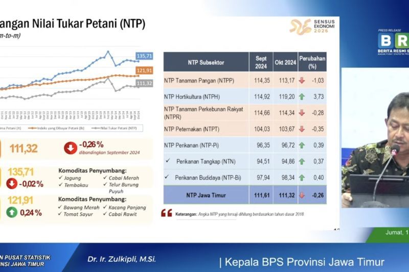 BPS Jatim catat Nilai Tukar Petani pada Oktober turun 0,26 persen