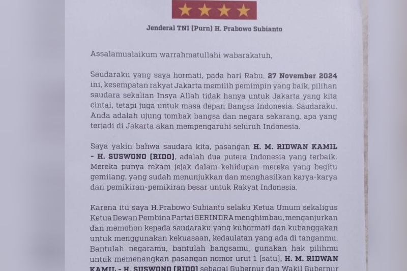 Dasco benarkan surat ajakan dari Prabowo untuk dukung RK-Suswono