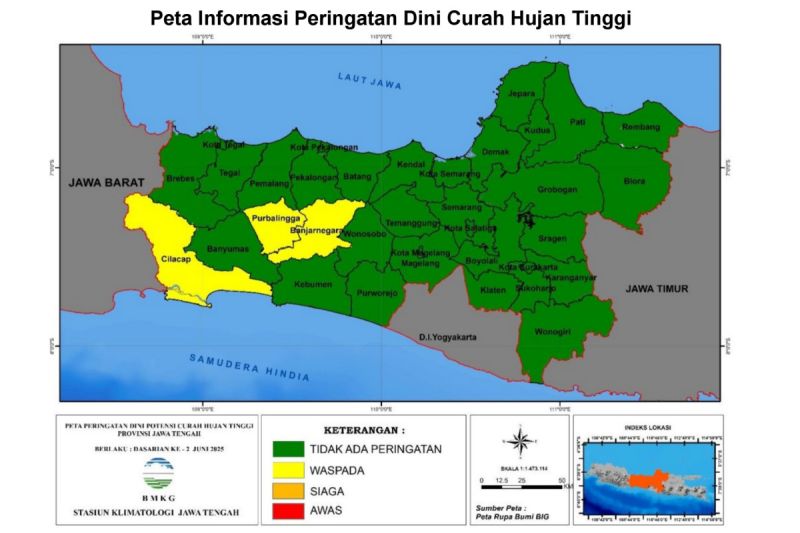 BMKG: Waspada curah hujan tinggi pada tiga kabupaten di Jawa Tengah