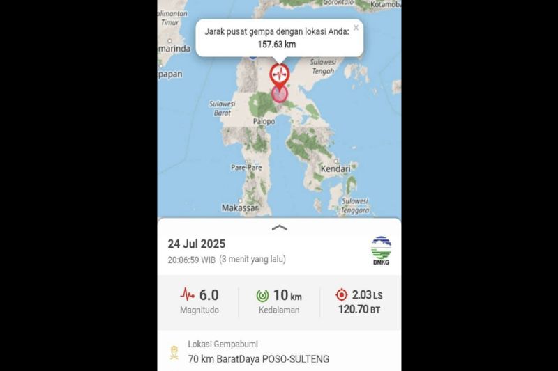 BMKG: Gempa magnitudo 6,0 di Poso tidak berpotensi tsunami