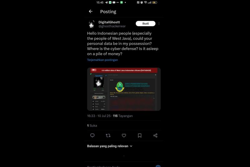 Data identitas 4,6 juta warga Jabar diklaim telah dibobol