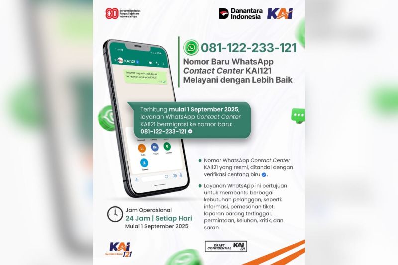 KAI Umumkan Perubahan Nomor WhatsApp Contact Center KAI121 Mulai 1 September 2025