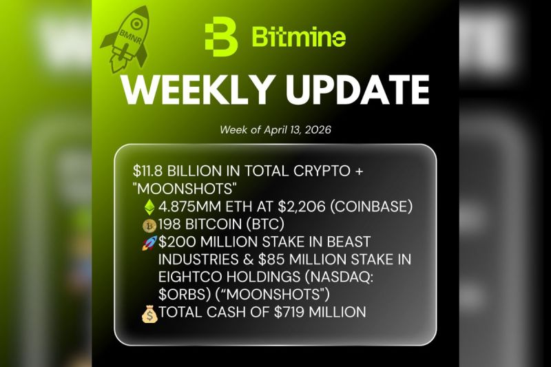 Bitmine Immersion Umumkan Kepemilikan ETH Capai 4,875 Juta Token dan Total Kepemilikan Kripto serta Total Uang Tunai Sebesar $11,8 M