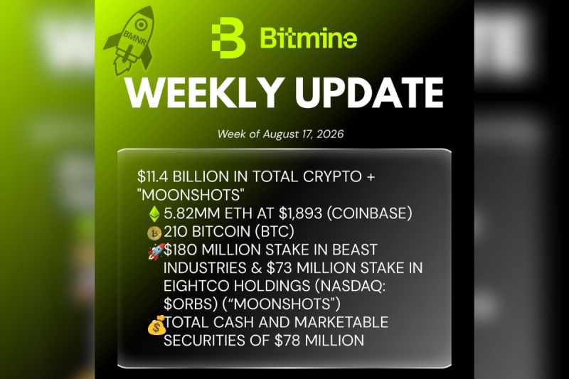 Bitmine Immersion Umumkan Kepemilikan ETH Mencapai 5,82 Juta Token, serta Total Kepemilikan Kripto dan Kas Sebesar $11,4 Miliar
